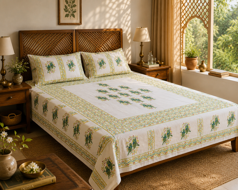 Hand Block Printed King Size Cotton Bedsheet with Parrot Motifs