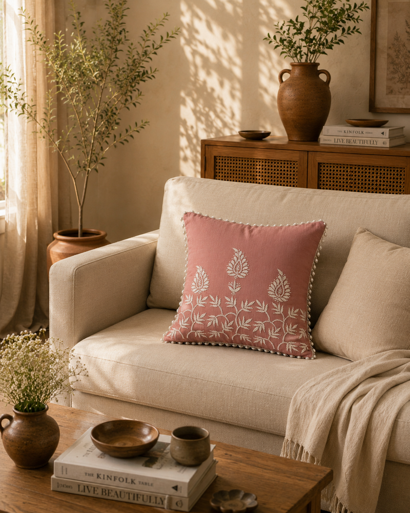 Aam Ke Bagh Chikankari Cushion Cover – Hand Embroidered Cotton Cushion