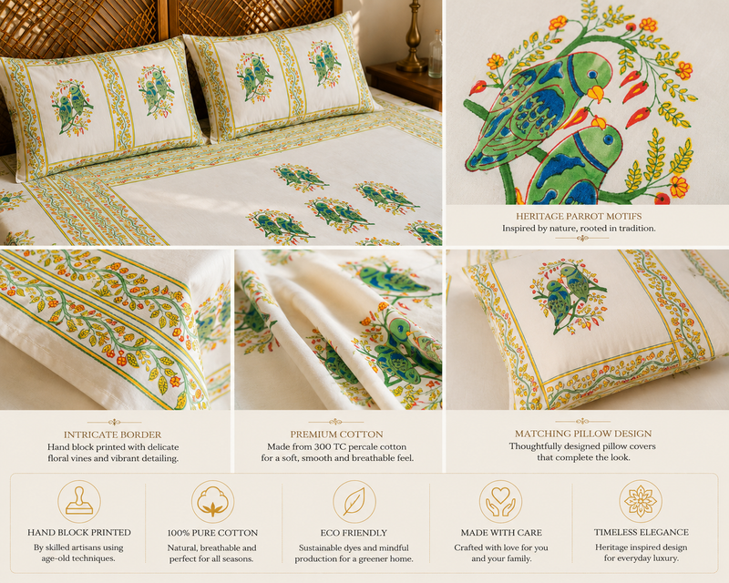 Hand Block Printed King Size Cotton Bedsheet with Parrot Motifs