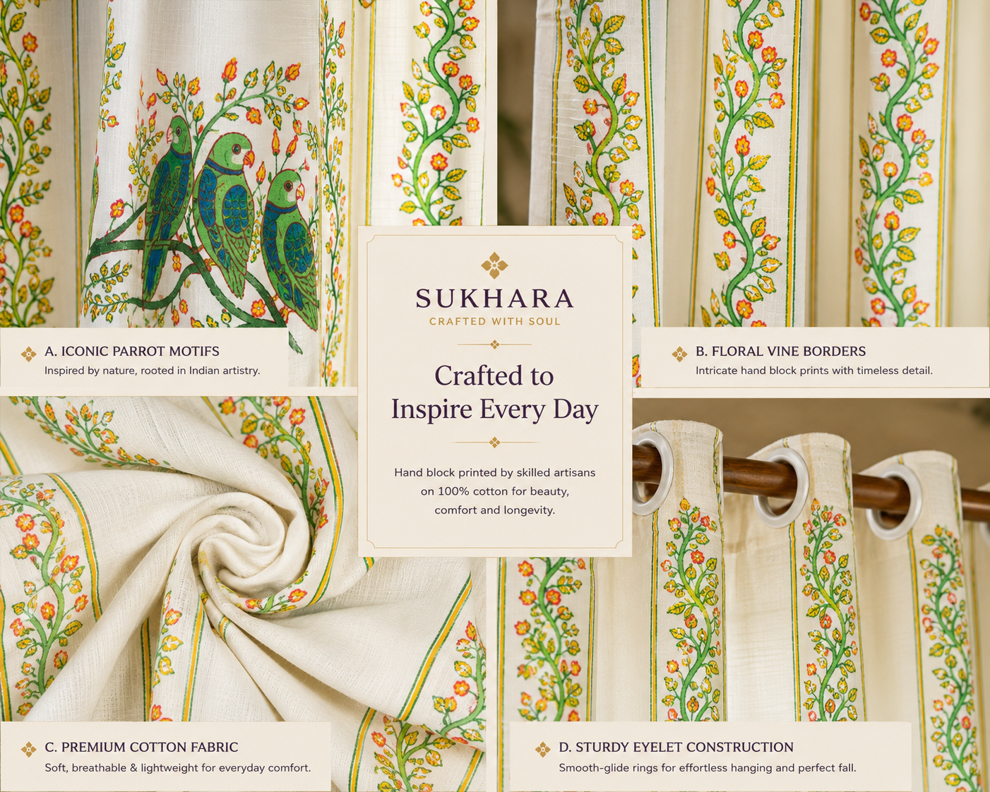 Long Drapes for Living Room – Peacock Block Print Cotton Curtains