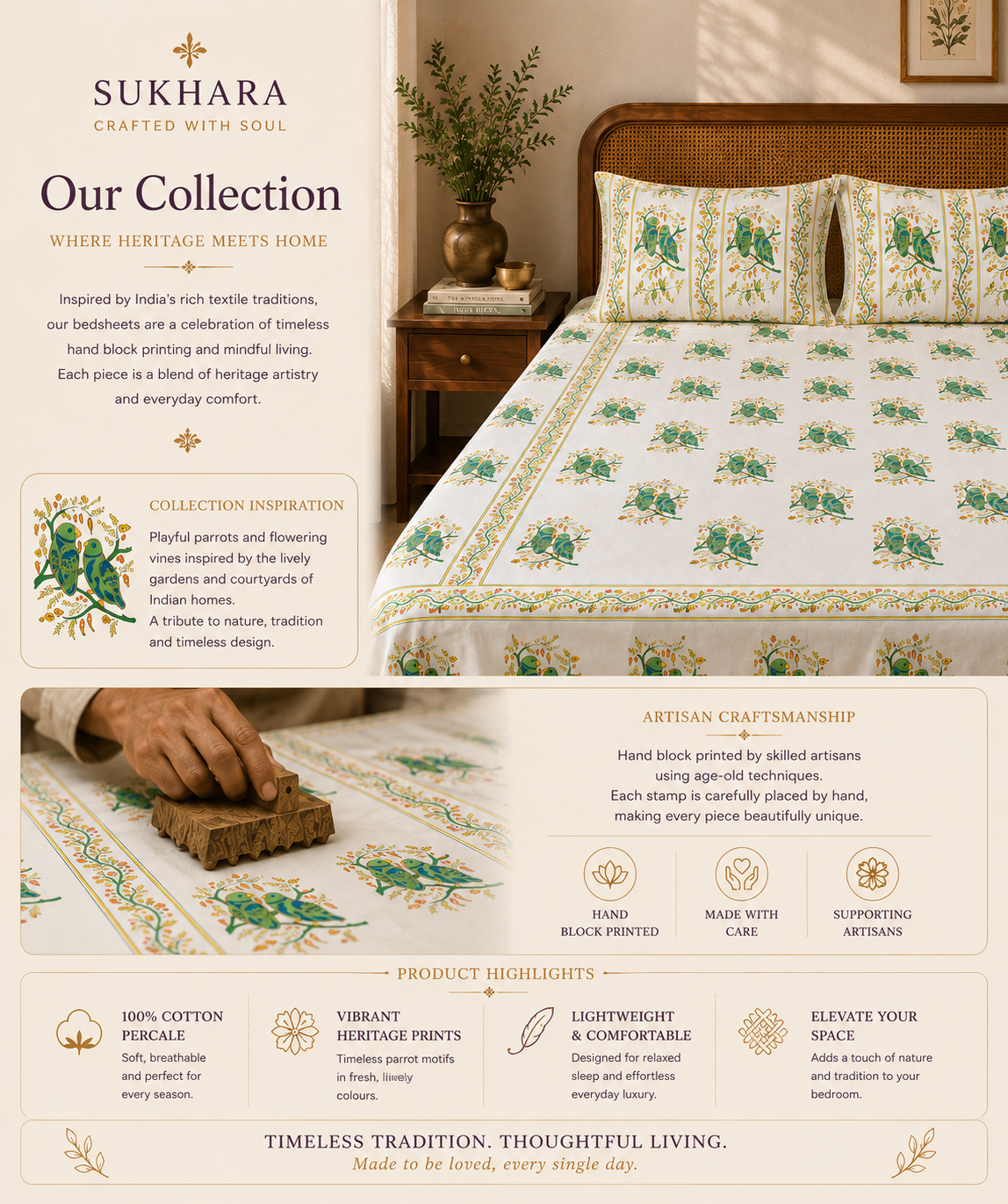 Cotton Bedsheets – Handmade Queen Size Block Print with Parrot Motifs