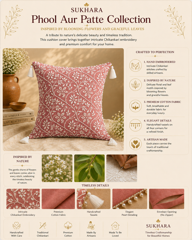 Phool Aur Patte Chikankari Cushion Cover – Hand Embroidered Cotton Cushion