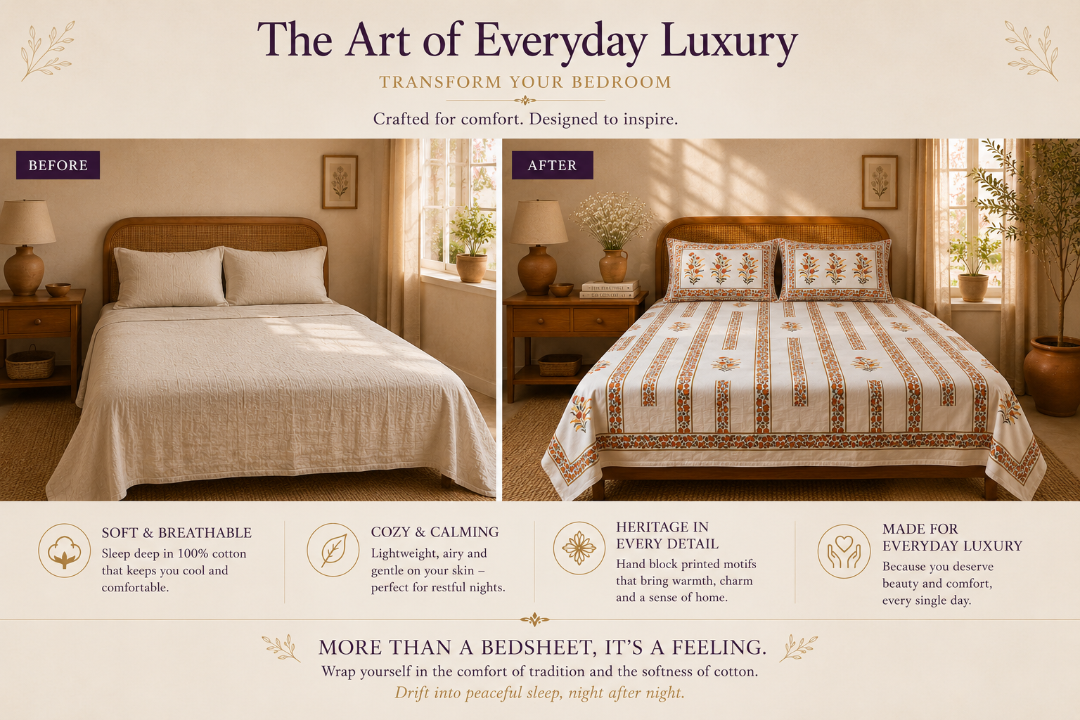 Bedding Designs – Handmade Queen Size Cotton Bedsheet with Floral Medallions