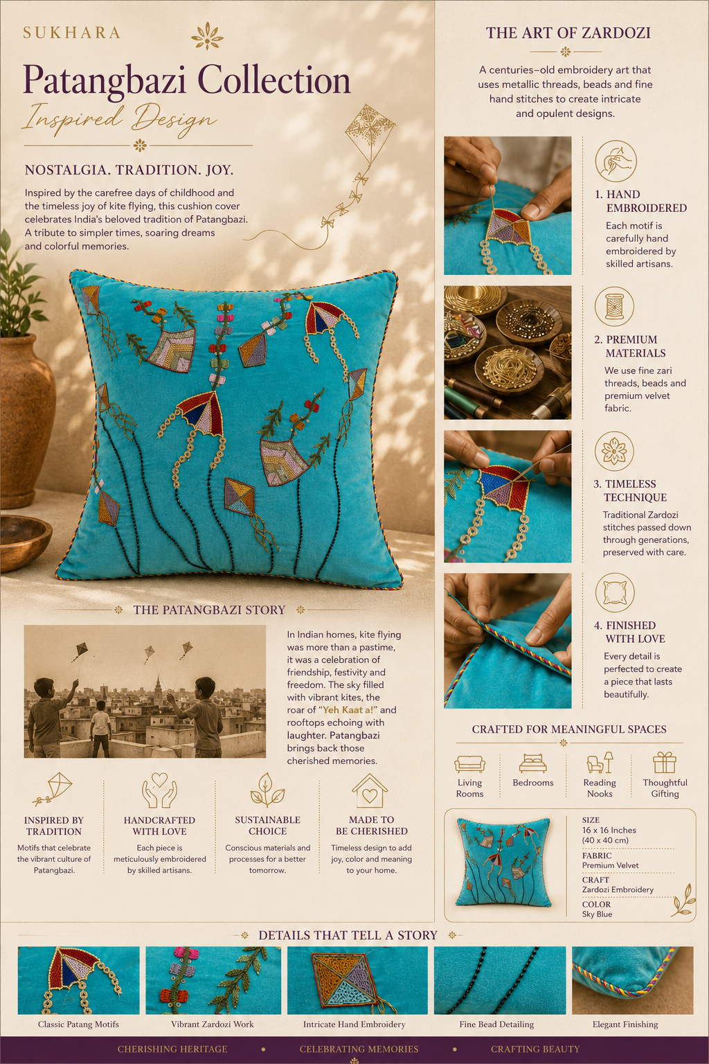 Patangbazi Zardozi Cushion Cover – Handcrafted for Sustainable Home Design
