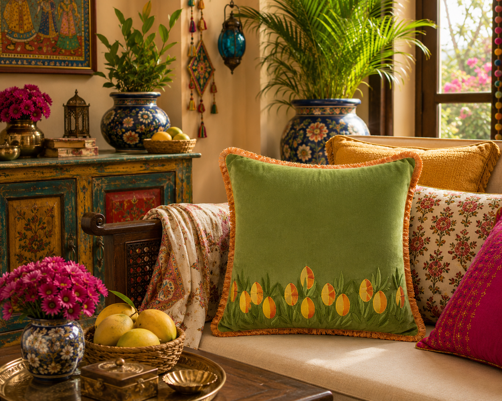 Aam Ke Bagh Zardozi Cushion Cover – Hand Embroidered Decorative Cushion