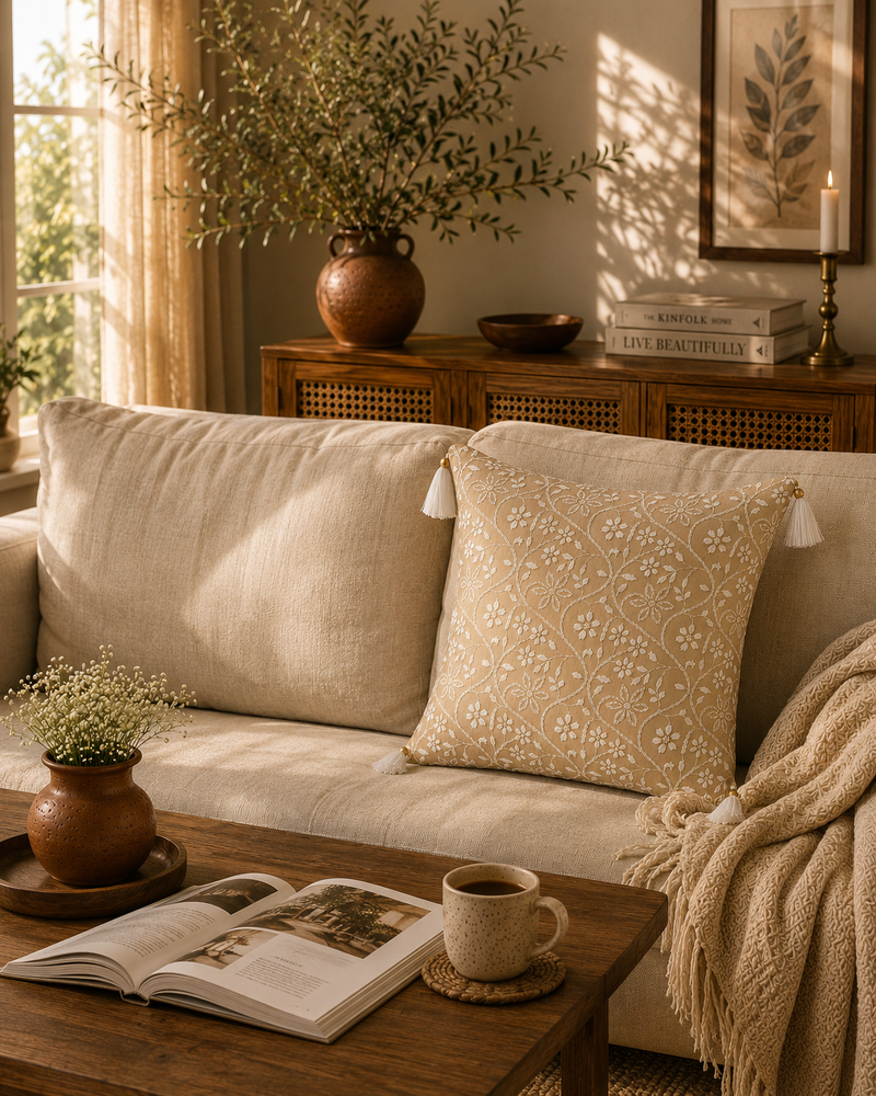 Phool Aur Patte Chikankari Cushion Cover – Hand Embroidered Cotton Cushion