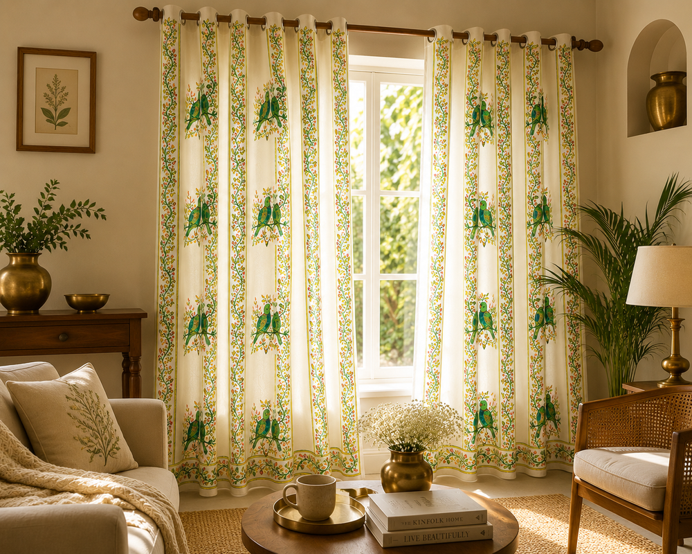 Long Drapes for Living Room – Peacock Block Print Cotton Curtains