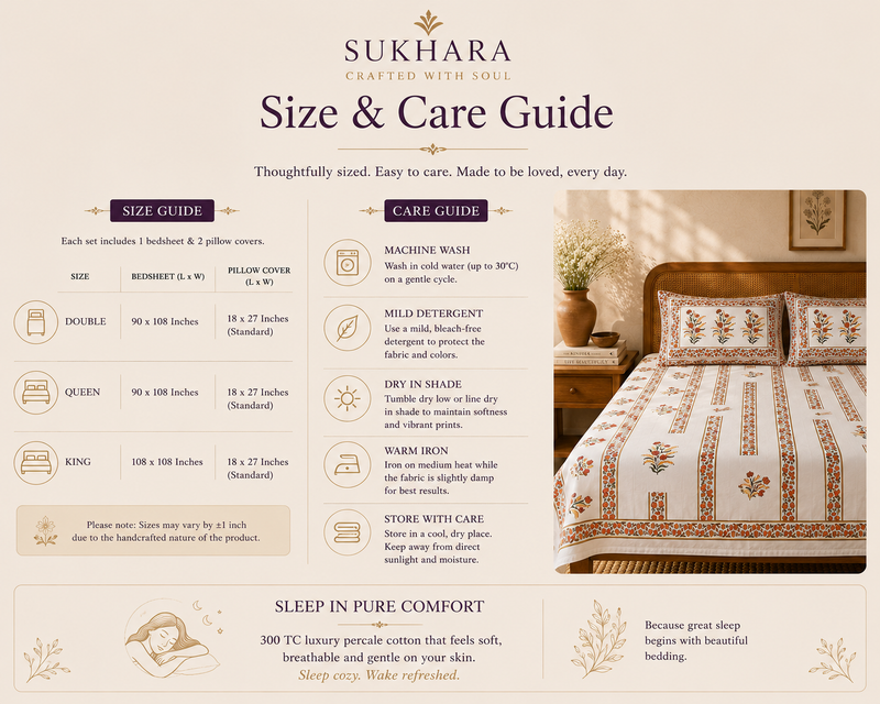 Courtyard Bloom Hand Block Printed Queen Bedsheet – 300 TC Percale Cotton