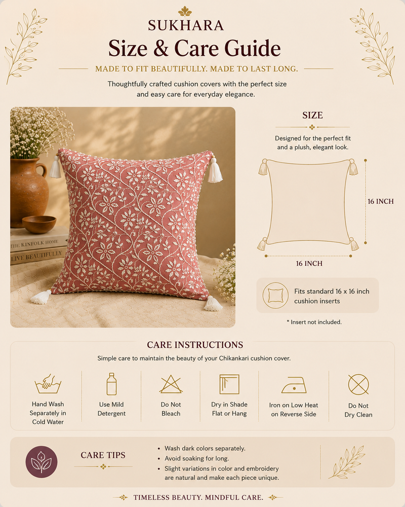 Phool Aur Patte Chikankari Cushion Cover – Hand Embroidered Cotton Cushion