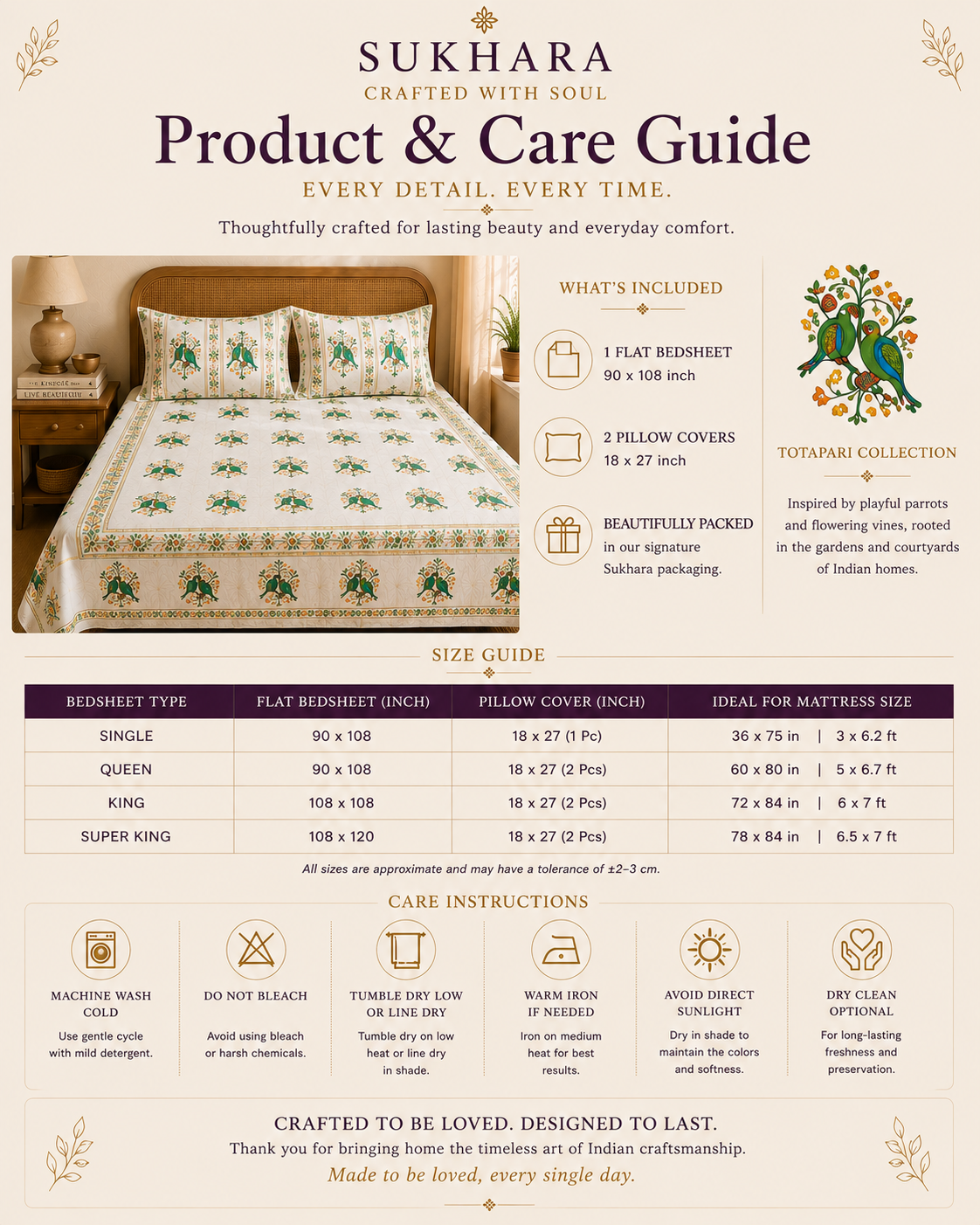 Cotton Bedsheets – Handmade Queen Size Block Print with Parrot Motifs
