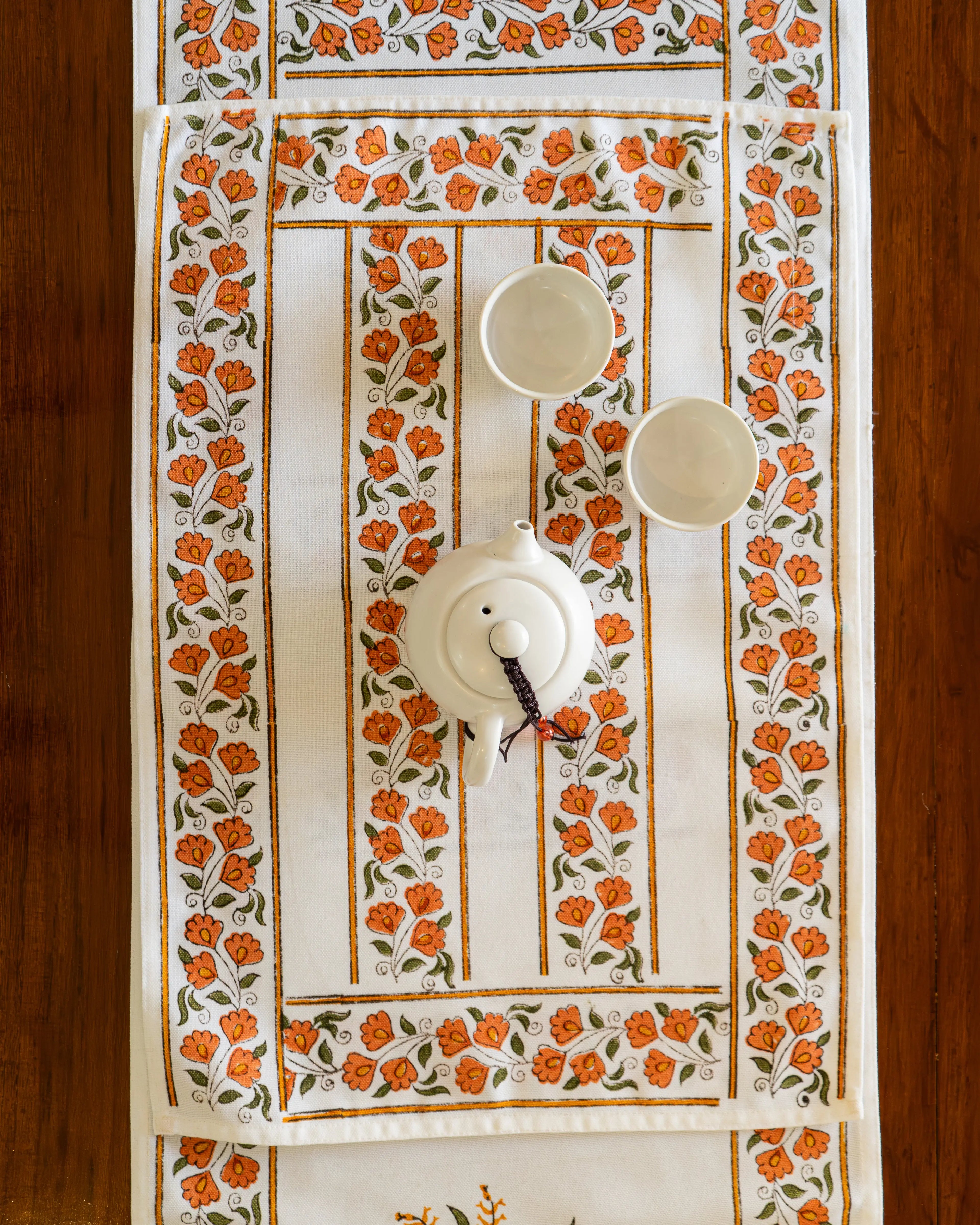 "Kesariya Bloom" – Handmade Jaipuri Block Print Cotton Dining Mats With Runner Set SUKHARA HOME and LIFESTYLE
