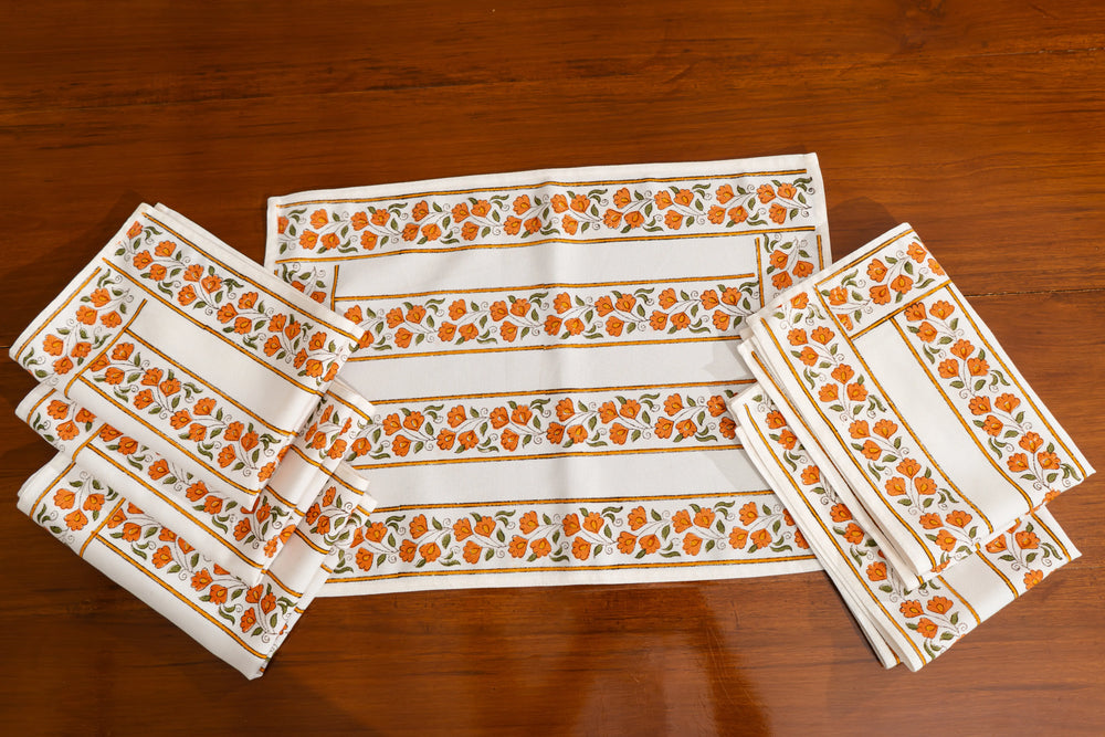 "Kesariya Bloom" – Handmade Jaipuri Block Print Cotton Dining Mats With Runner Set SUKHARA HOME and LIFESTYLE