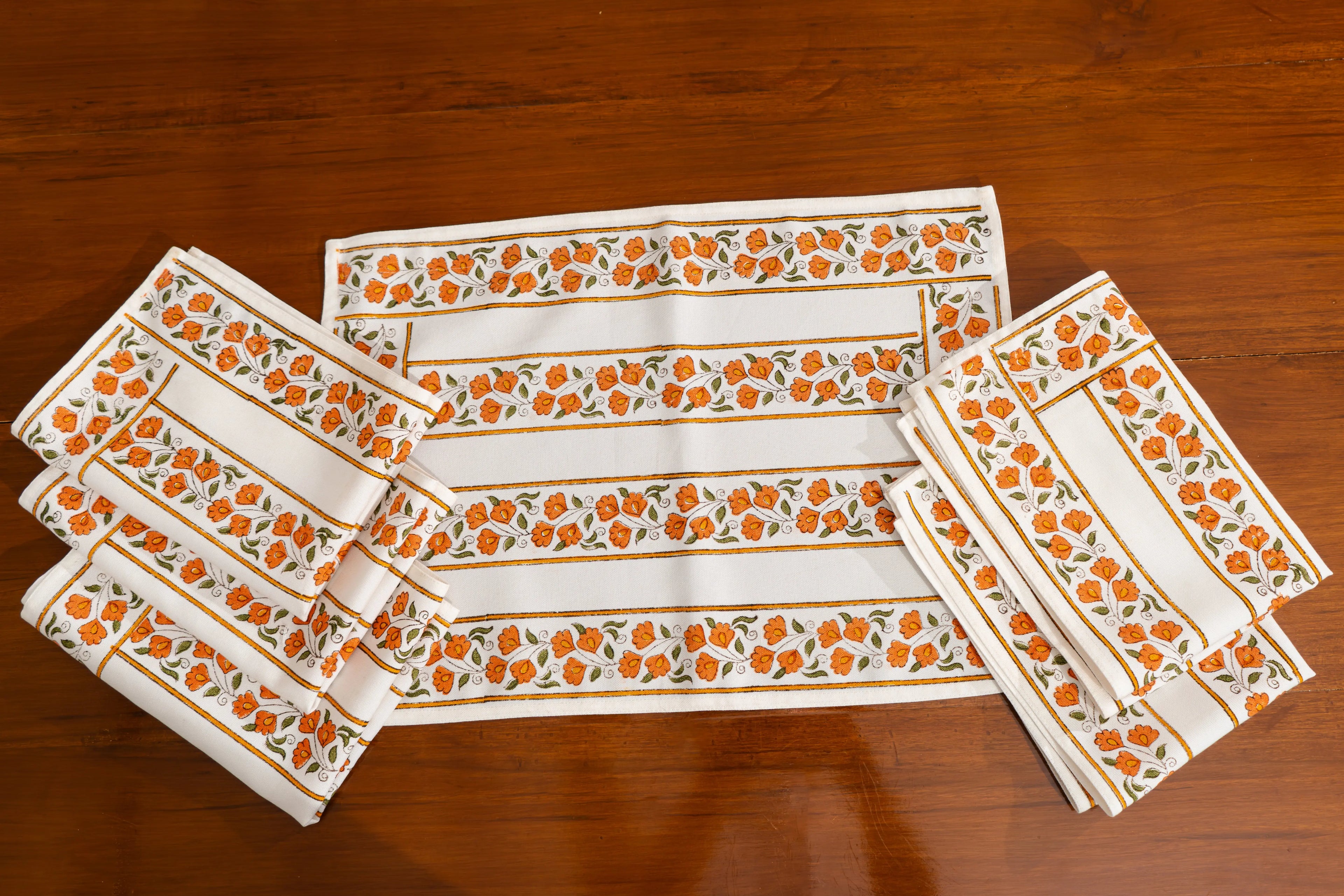 "Kesariya Bloom" – Handmade Jaipuri Block Print Cotton Dining Mats With Runner Set SUKHARA HOME and LIFESTYLE