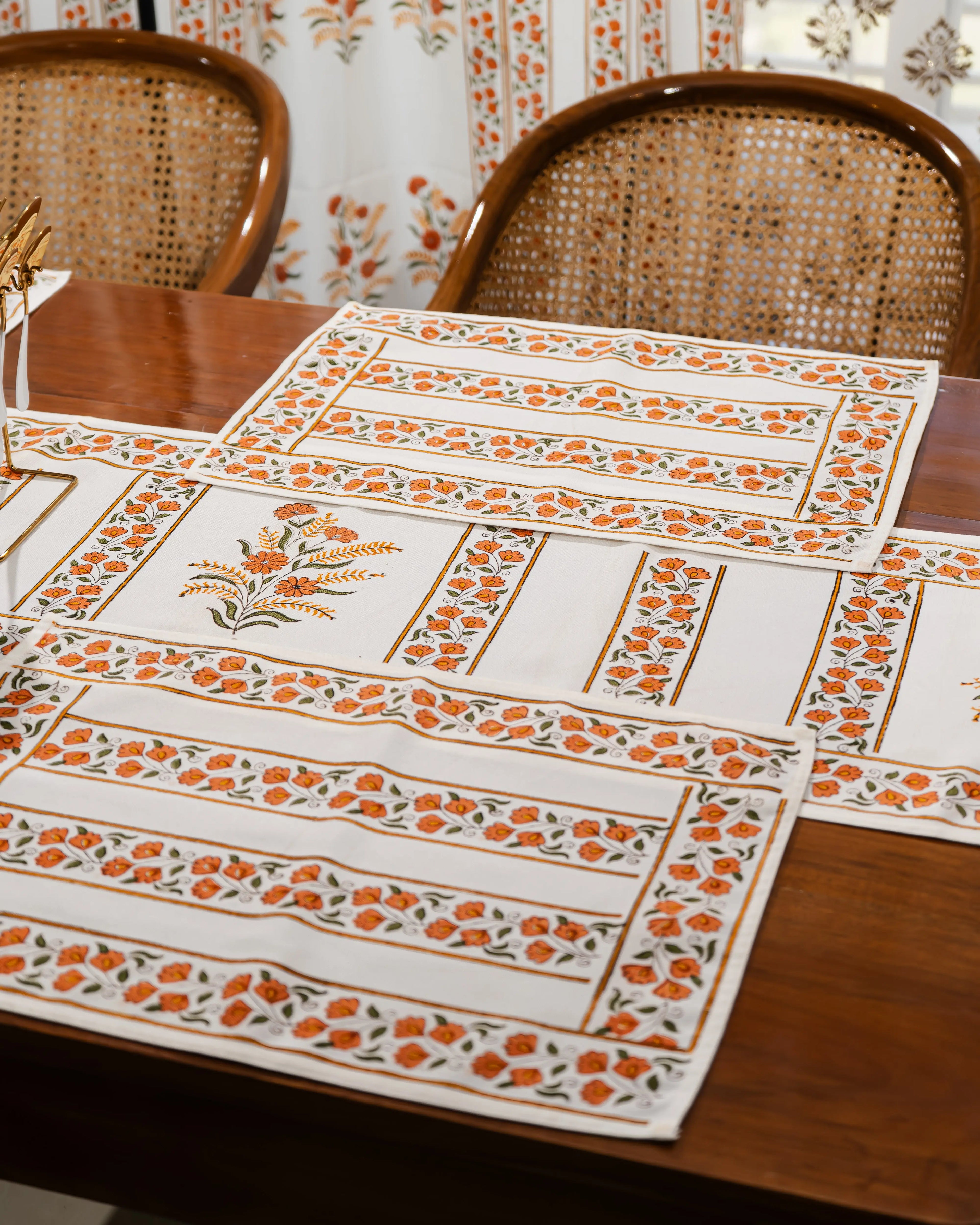 "Kesariya Bloom" – Handmade Jaipuri Block Print Cotton Dining Mats With Runner Set SUKHARA HOME and LIFESTYLE