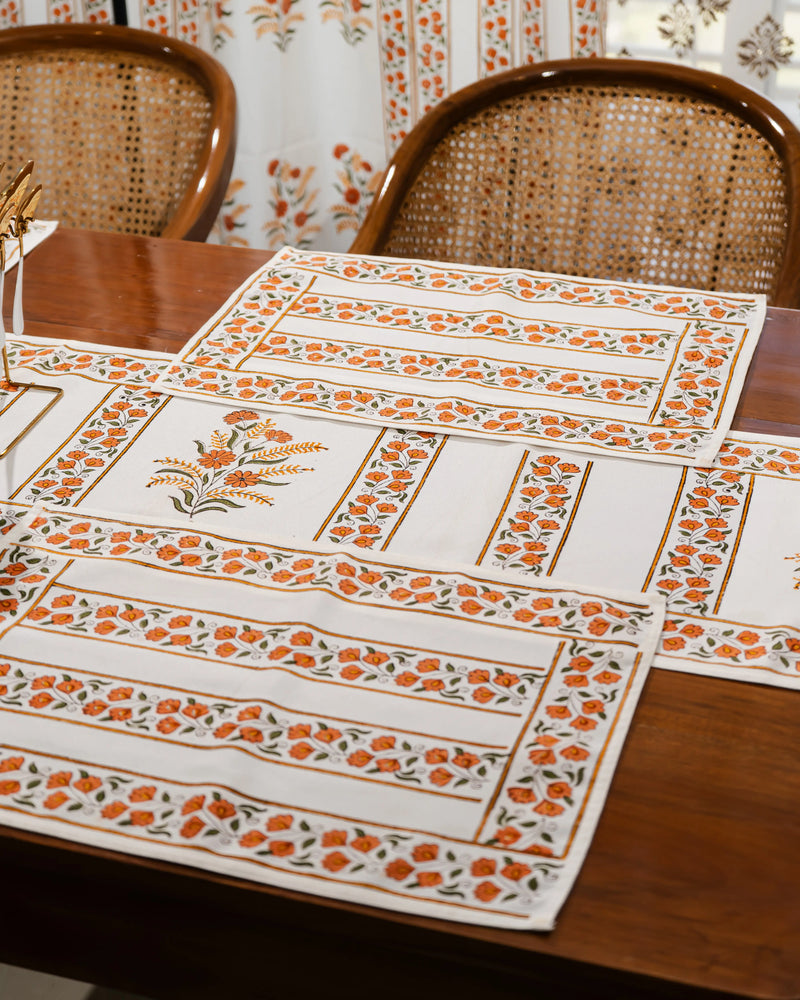 "Kesariya Bloom" – Handmade Jaipuri Block Print Cotton Dining Mats With Runner Set SUKHARA HOME and LIFESTYLE