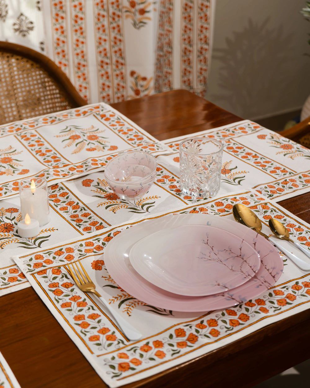 "Mewar Blossom" – Handcrafted Jute Cotton Block Print Dining Mats With Runner Set SUKHARA HOME and LIFESTYLE
