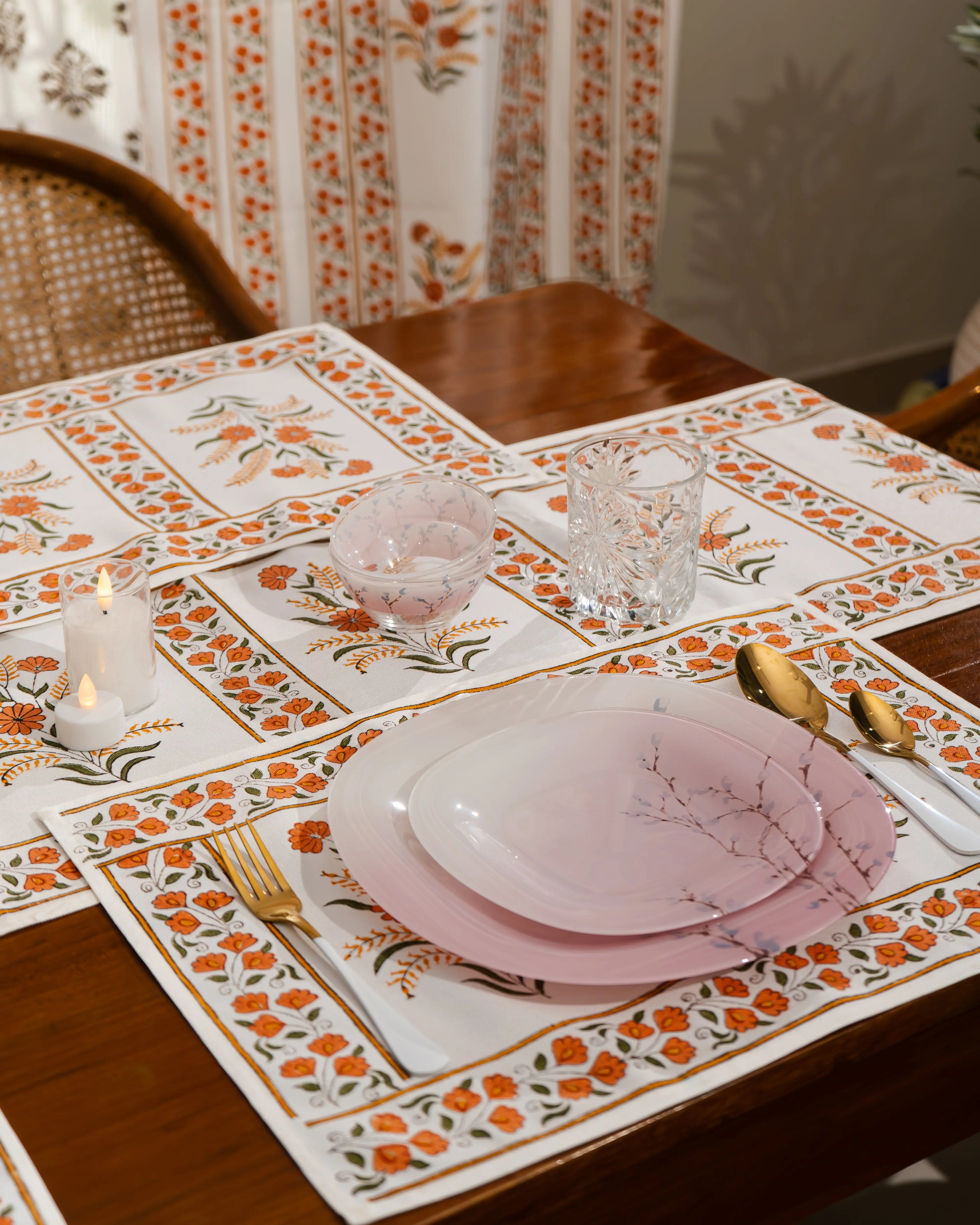 "Mewar Blossom" – Handcrafted Jute Cotton Block Print Dining Mats With Runner Set SUKHARA HOME and LIFESTYLE