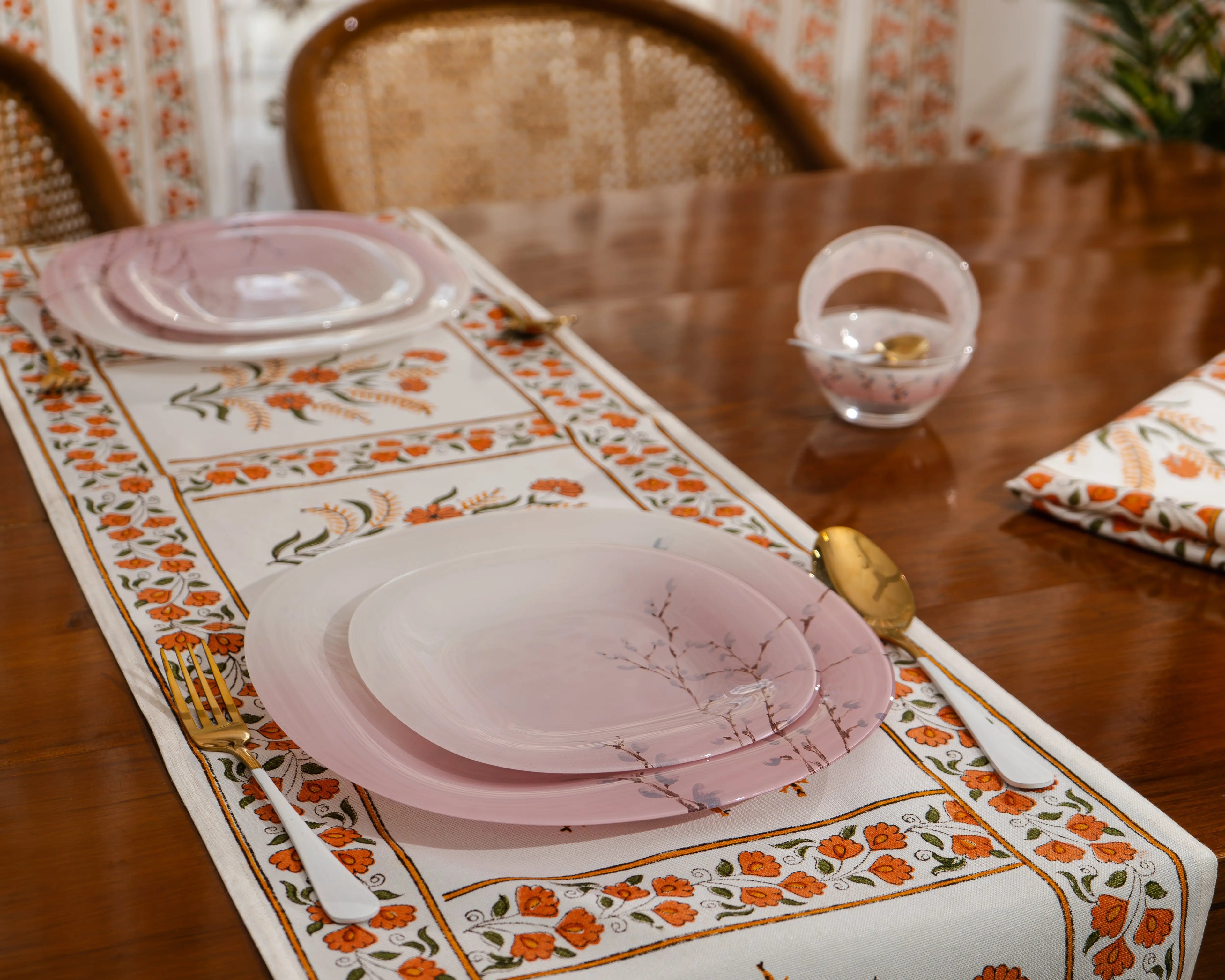 "Mewar Blossom" – Handcrafted Jute Cotton Block Print Dining Mats With Runner Set SUKHARA HOME and LIFESTYLE