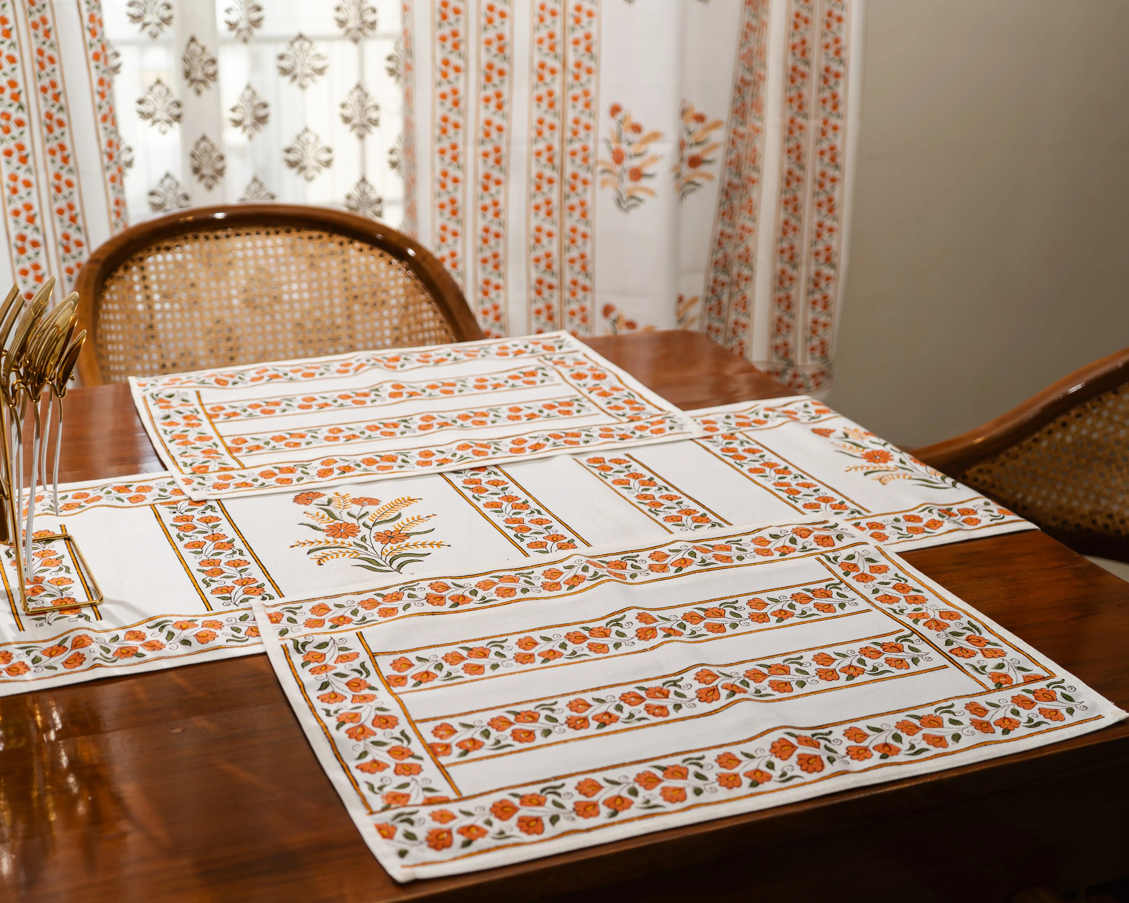 "Kesariya Bloom" – Handmade Jaipuri Block Print Cotton Dining Mats With Runner Set SUKHARA HOME and LIFESTYLE