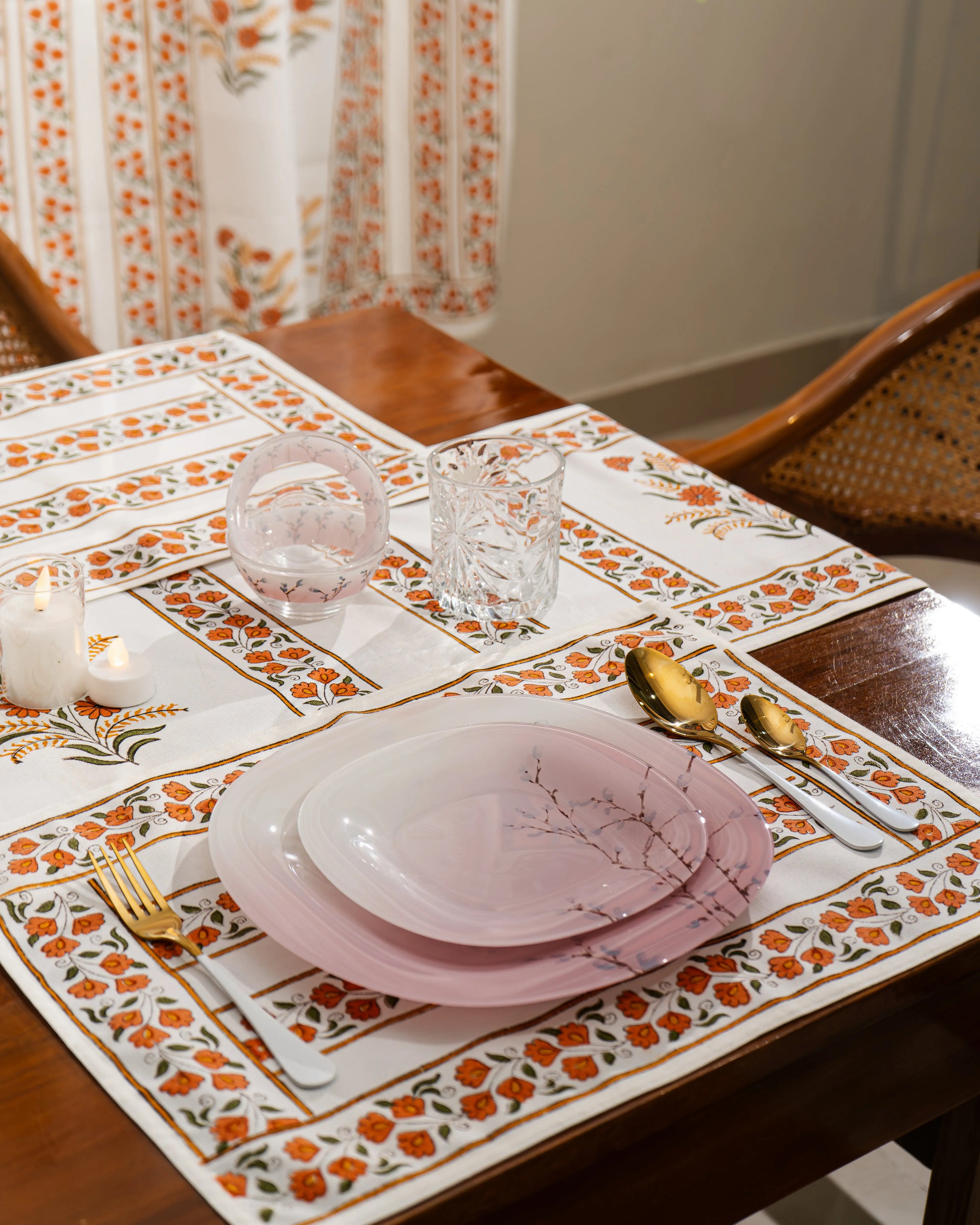 "Kesariya Bloom" – Handmade Jaipuri Block Print Cotton Dining Mats With Runner Set SUKHARA HOME and LIFESTYLE
