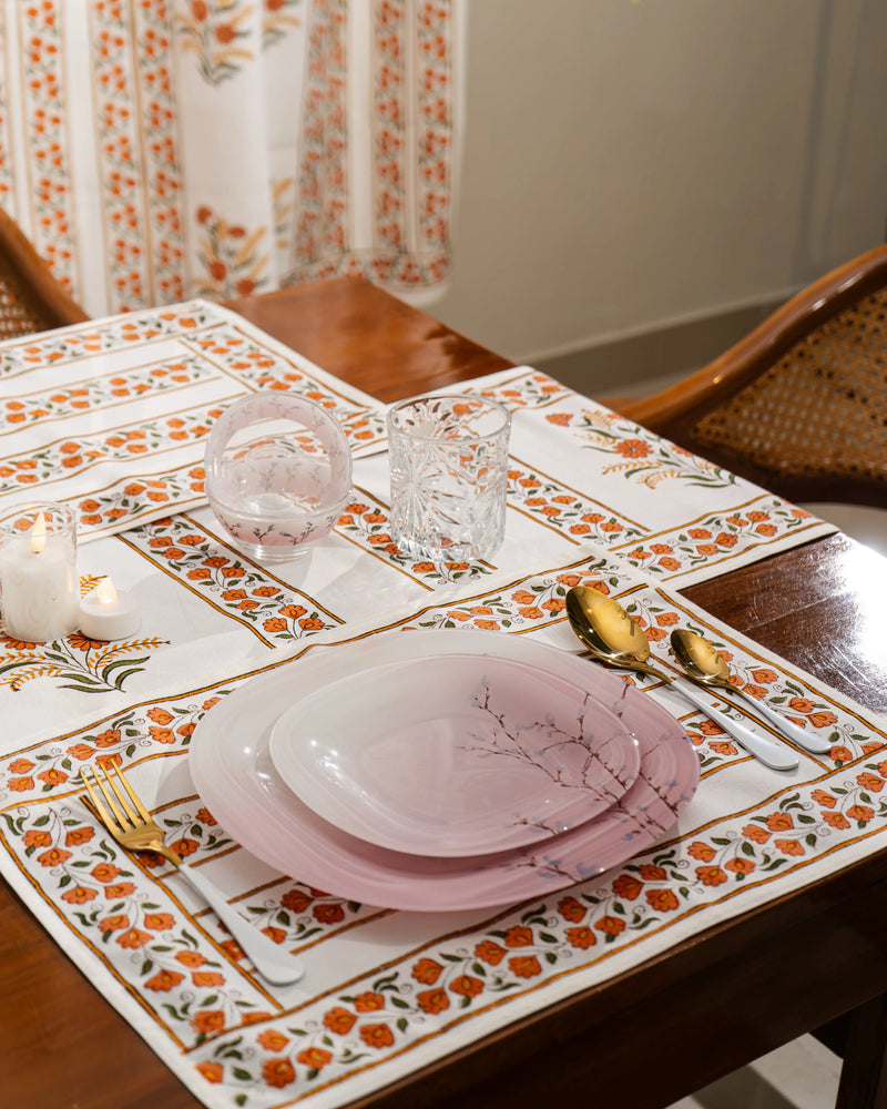 "Kesariya Bloom" – Handmade Jaipuri Block Print Cotton Dining Mats With Runner Set SUKHARA HOME and LIFESTYLE