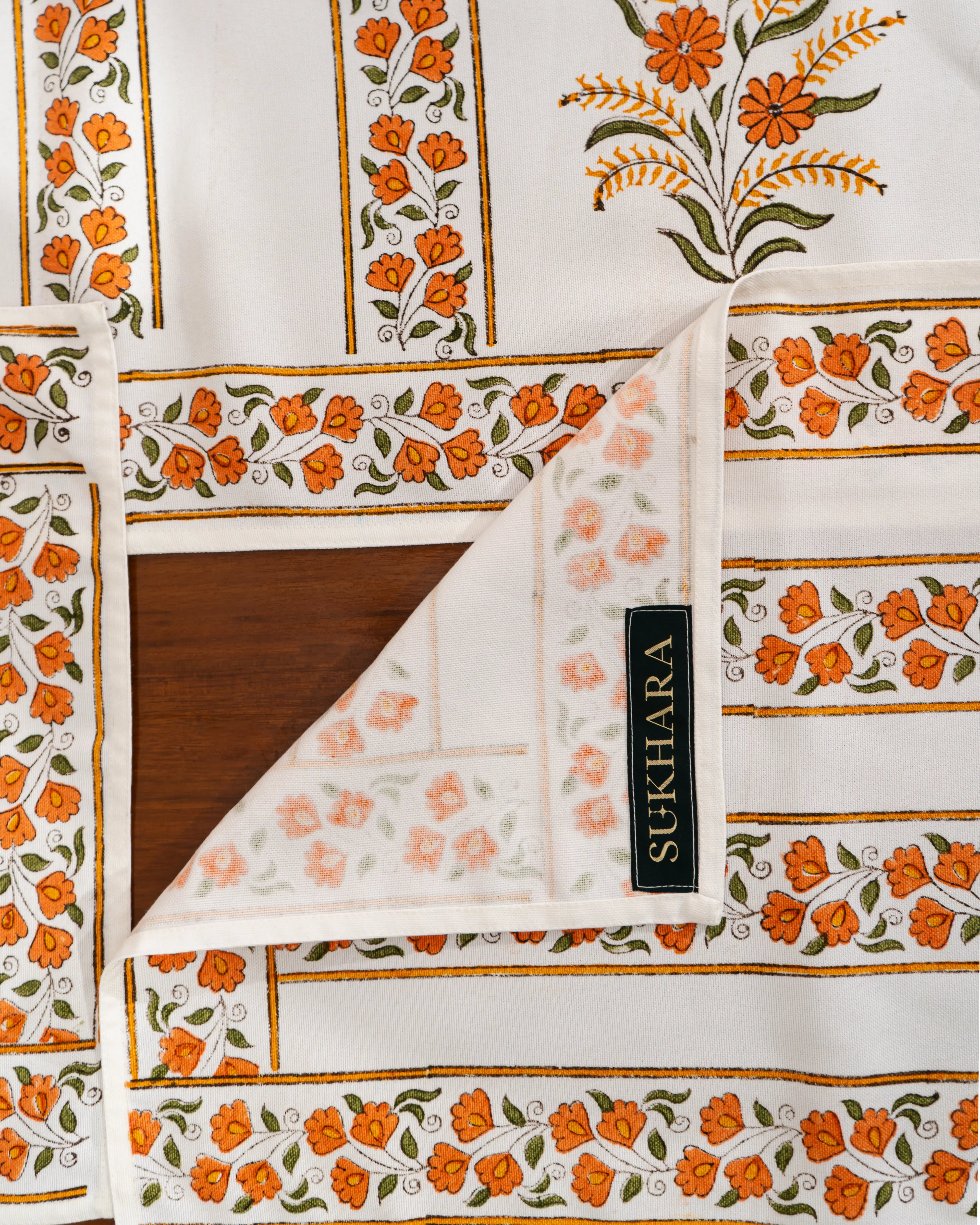 "Kesariya Bloom" – Handmade Jaipuri Block Print Cotton Dining Mats With Runner Set SUKHARA HOME and LIFESTYLE