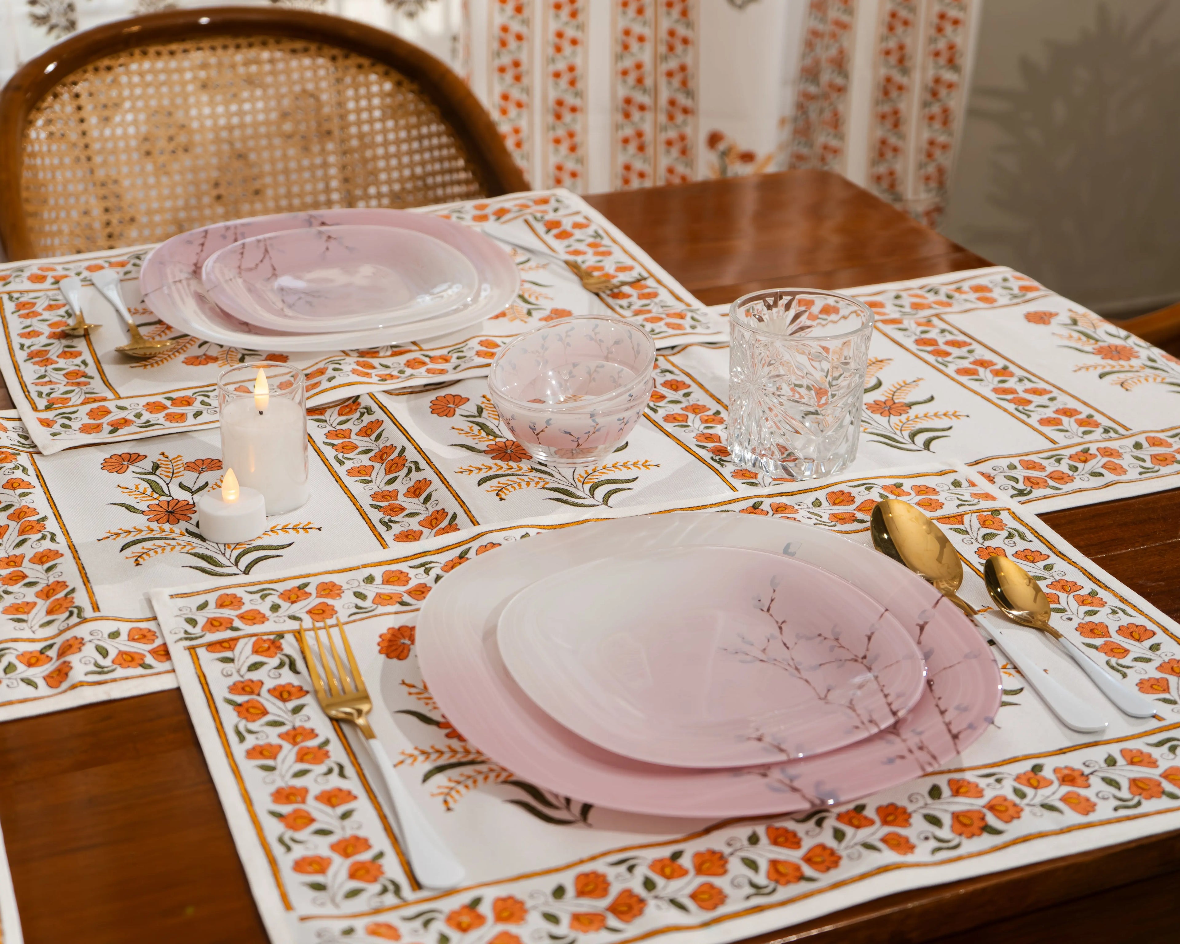 "Mewar Blossom" – Handcrafted Jute Cotton Block Print Dining Mats With Runner Set SUKHARA HOME and LIFESTYLE