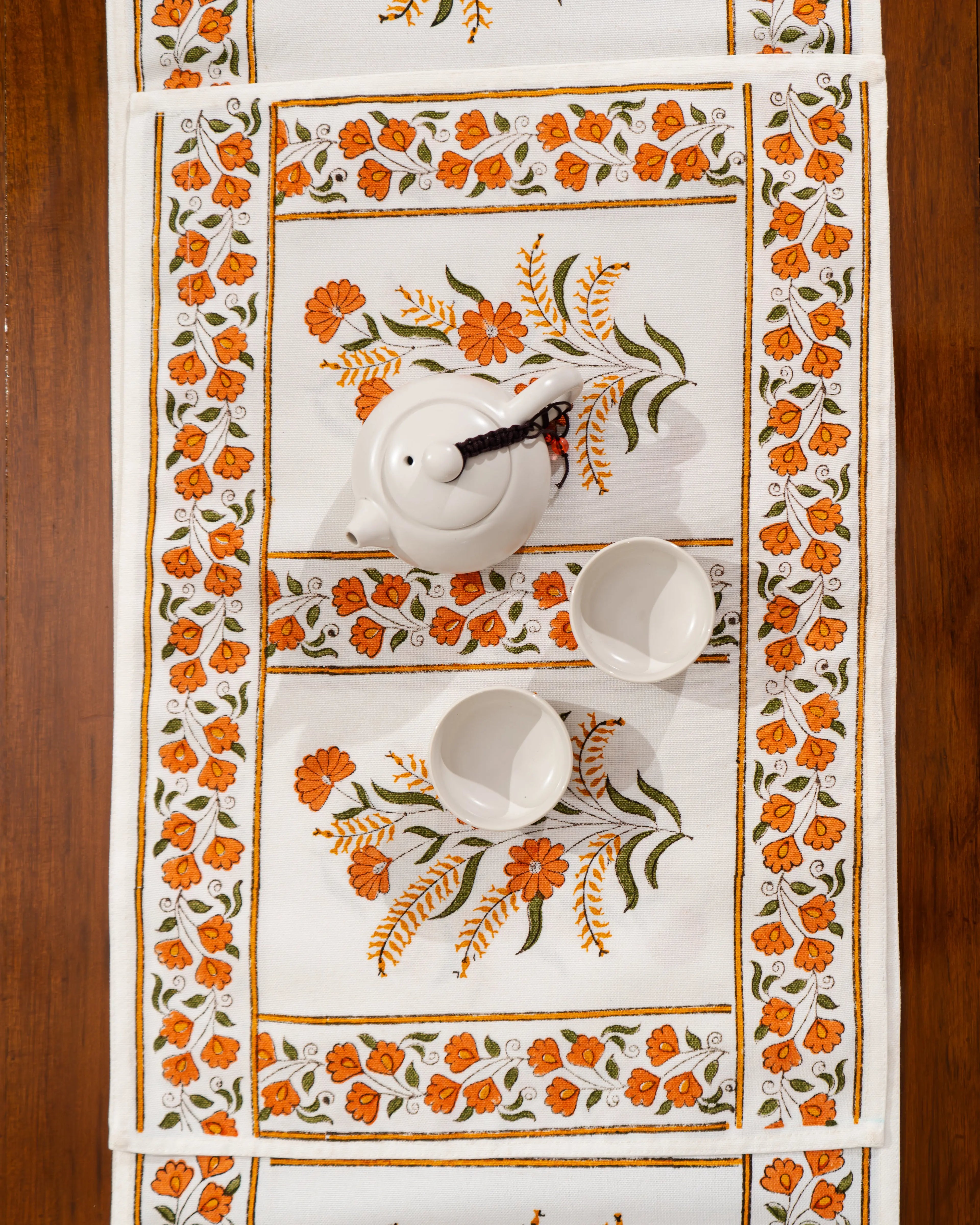 "Mewar Blossom" – Handcrafted Jute Cotton Block Print Dining Mats With Runner Set SUKHARA HOME and LIFESTYLE