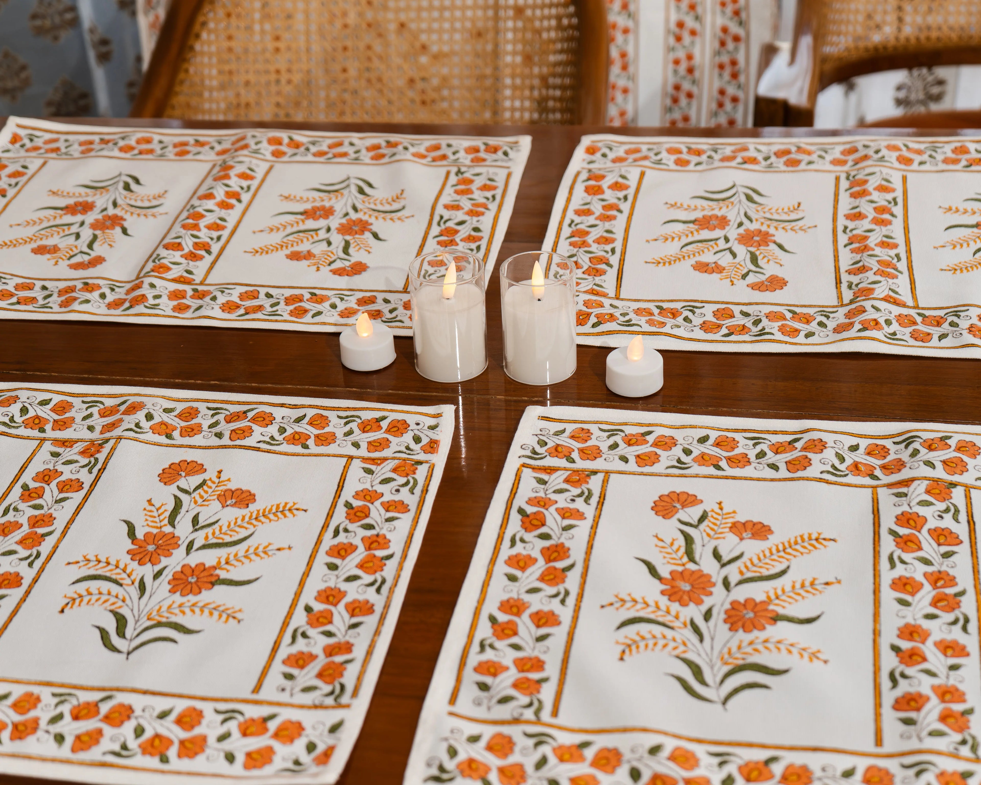 "Mewar Blossom" – Handcrafted Jute Cotton Block Print Dining Mats With Runner Set SUKHARA HOME and LIFESTYLE
