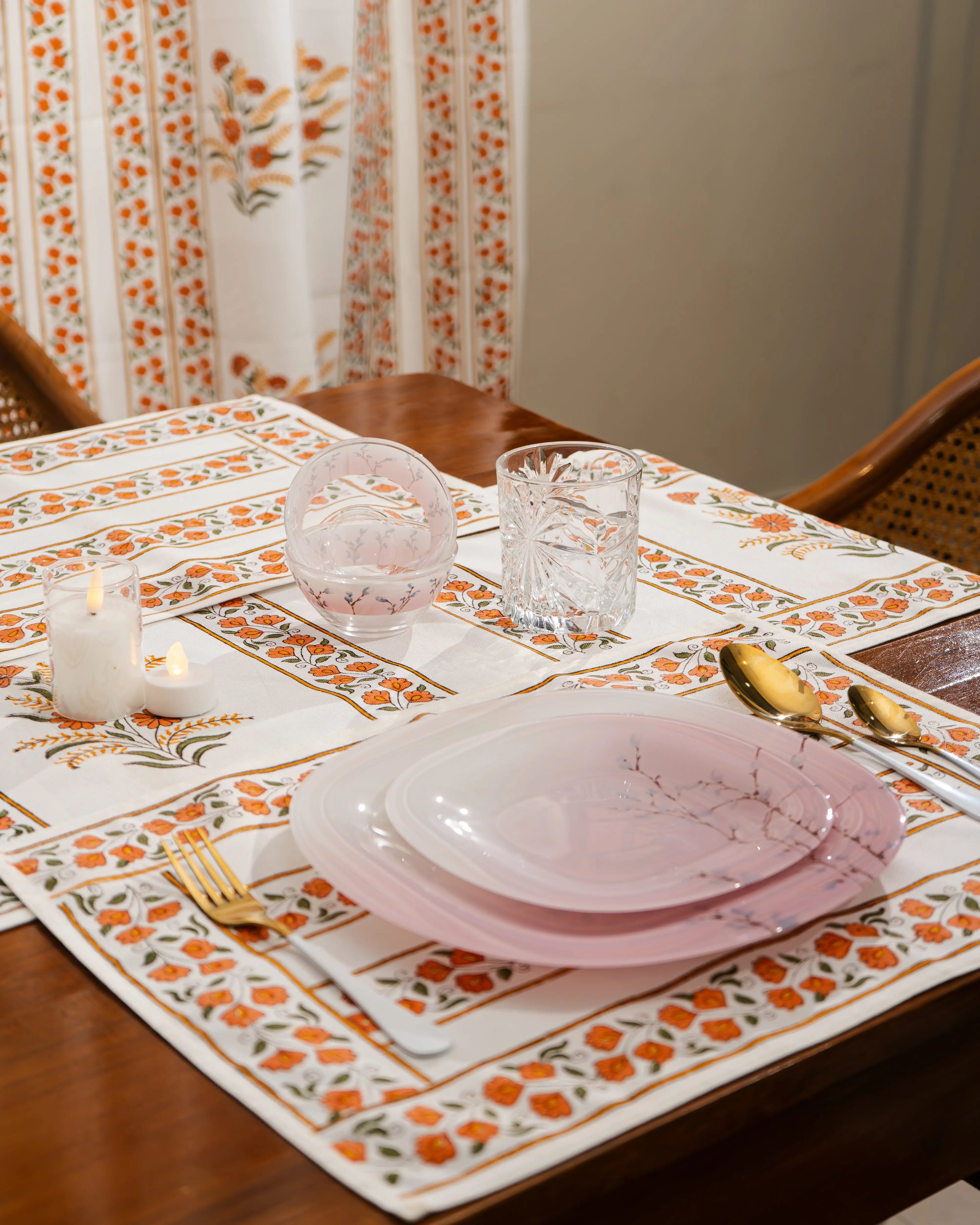 "Kesariya Bloom" – Handmade Jaipuri Block Print Cotton Dining Mats With Runner Set SUKHARA HOME and LIFESTYLE