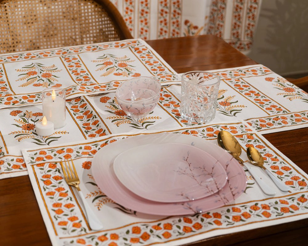 "Mewar Blossom" – Handcrafted Jute Cotton Block Print Dining Mats With Runner Set SUKHARA HOME and LIFESTYLE
