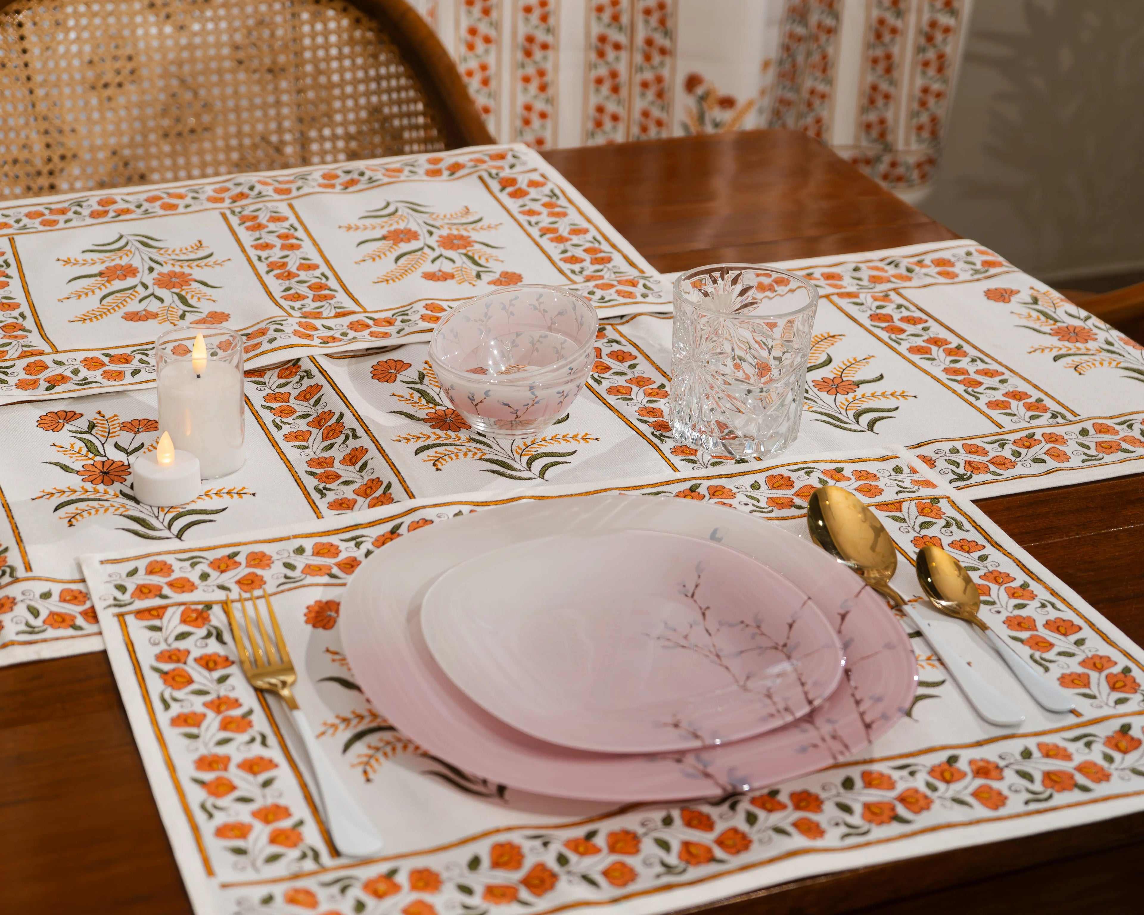 "Mewar Blossom" – Handcrafted Jute Cotton Block Print Dining Mats With Runner Set SUKHARA HOME and LIFESTYLE