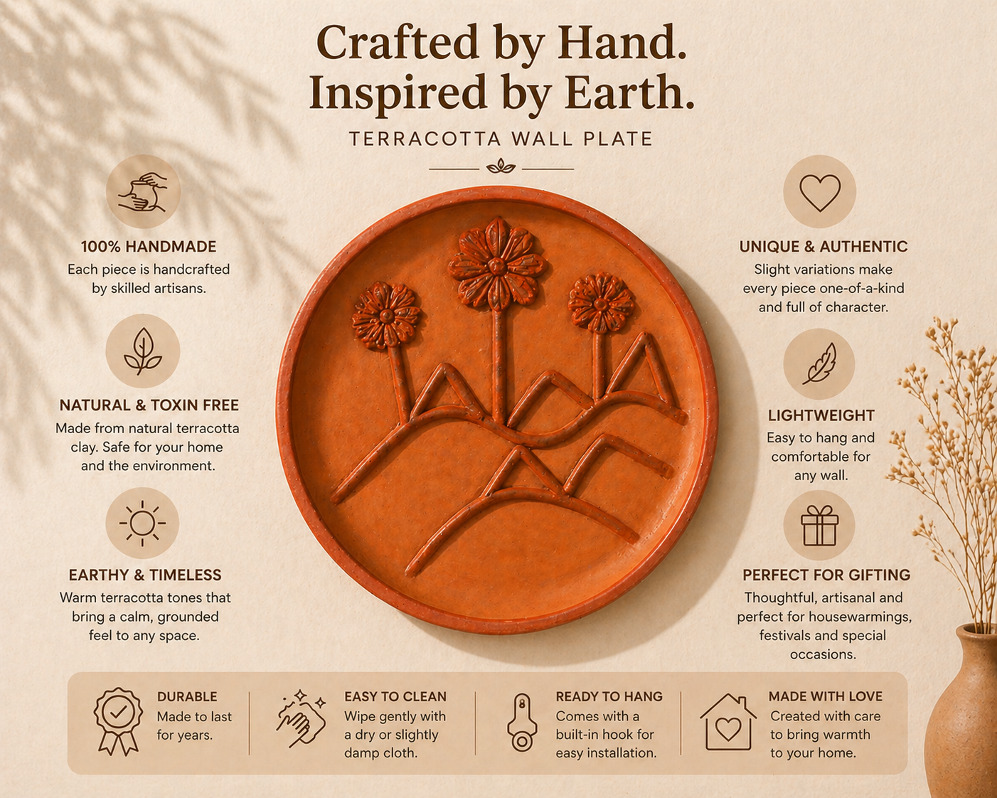 Florra – Handmade Terracotta Wall Plate (Floral Landscape Decor | 10 Inch)