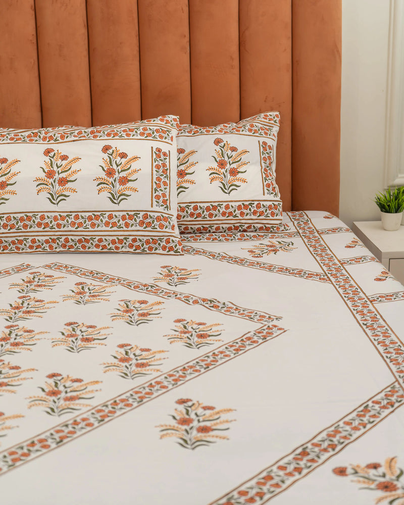 Handmade King Size Jaipuri Block Print Bedsheet with Floral Diamond Motif Sukhara