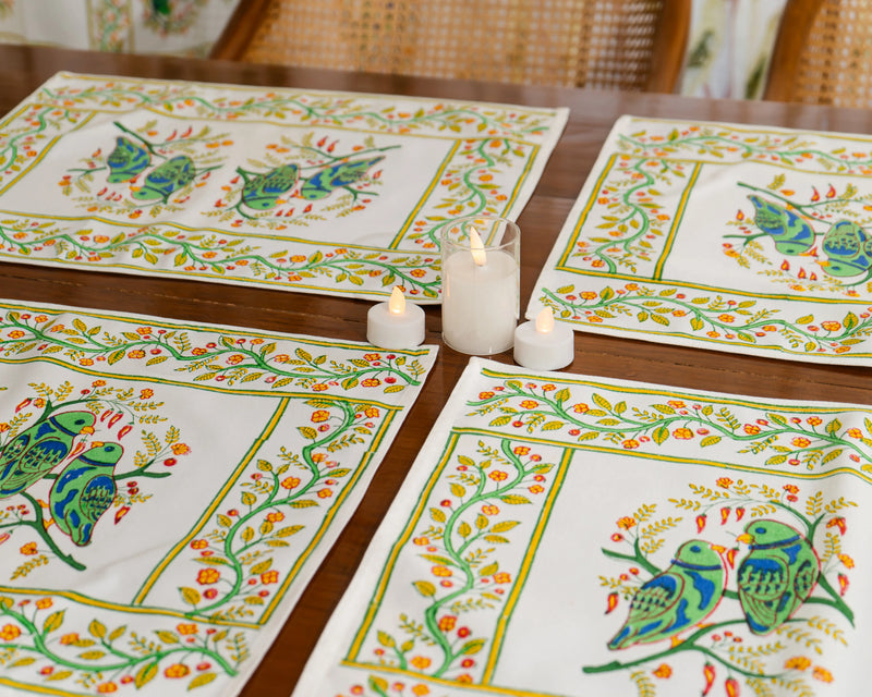 Parrot Grove – Handcrafted Jute Cotton Block Print Placemats-Jaipur Rajasthani Table Runner With Mats SUKHARA HOME and LIFESTYLE