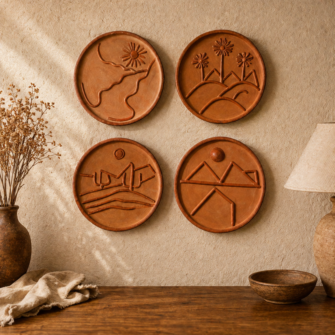 Sukhara Terracotta Wall Plate Set of 4 – Handmade Boho Wall Decor for Living Room