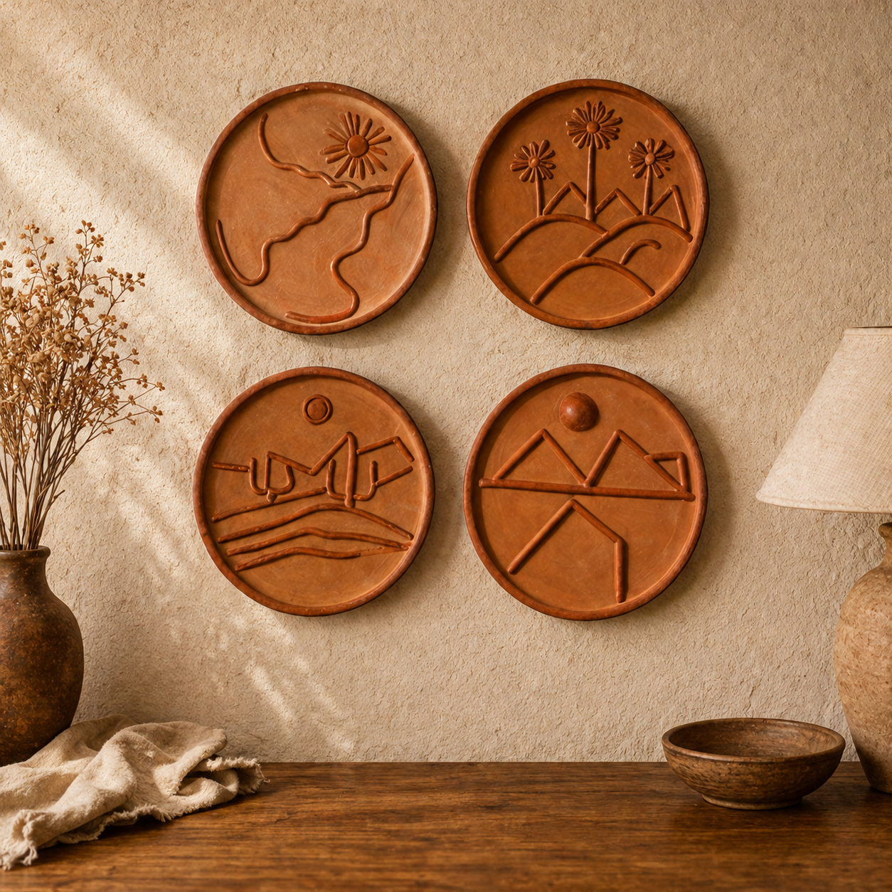 Sukhara Terracotta Wall Plate Set of 4 – Handmade Boho Wall Decor for Living Room
