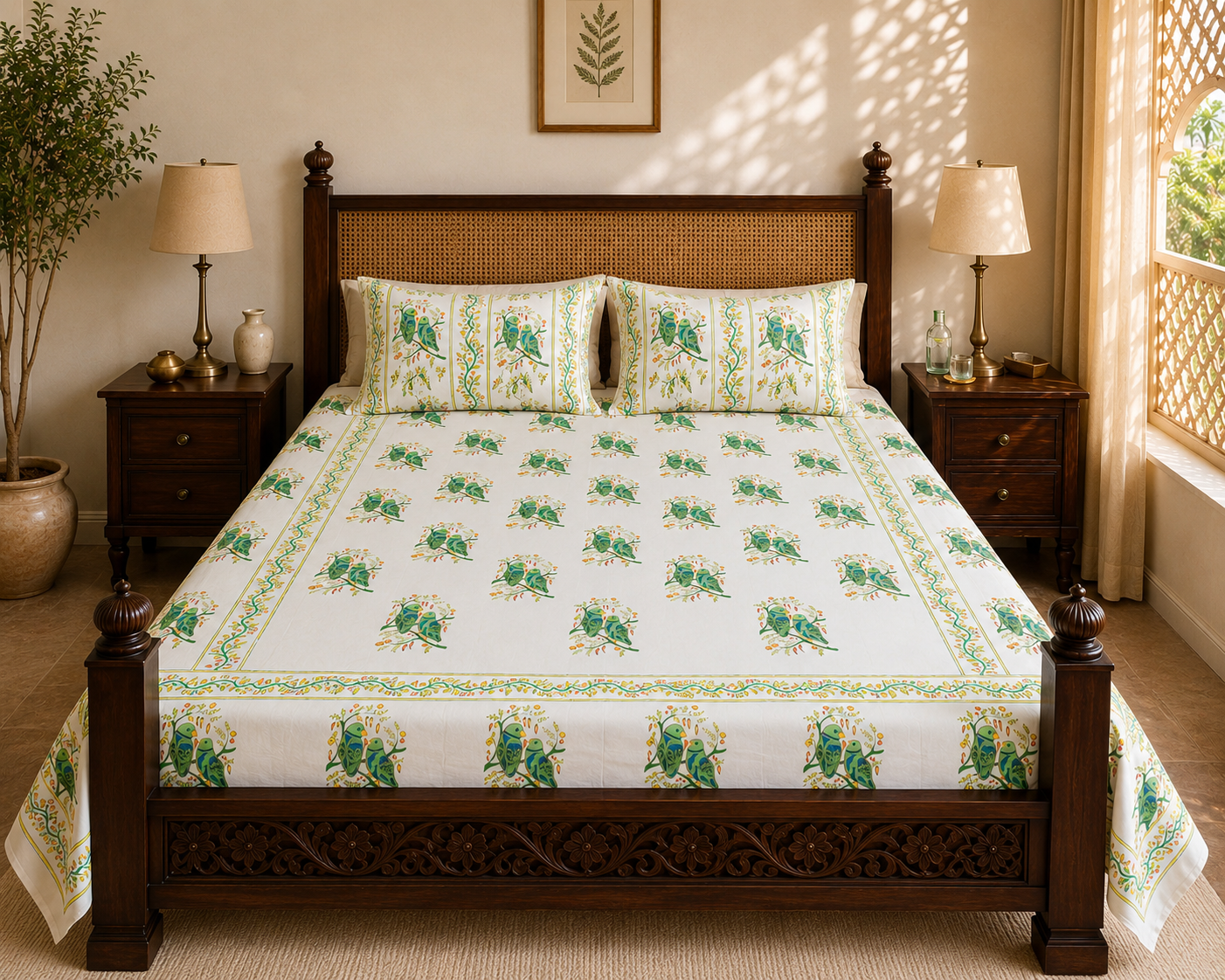 Cotton Bedsheets – Handmade Queen Size Block Print with Parrot Motifs