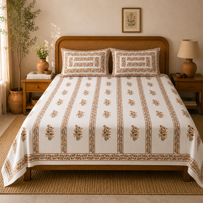 Queen Size Bedsheet – Handmade Jaipuri Block Print with Orange Floral Stripes