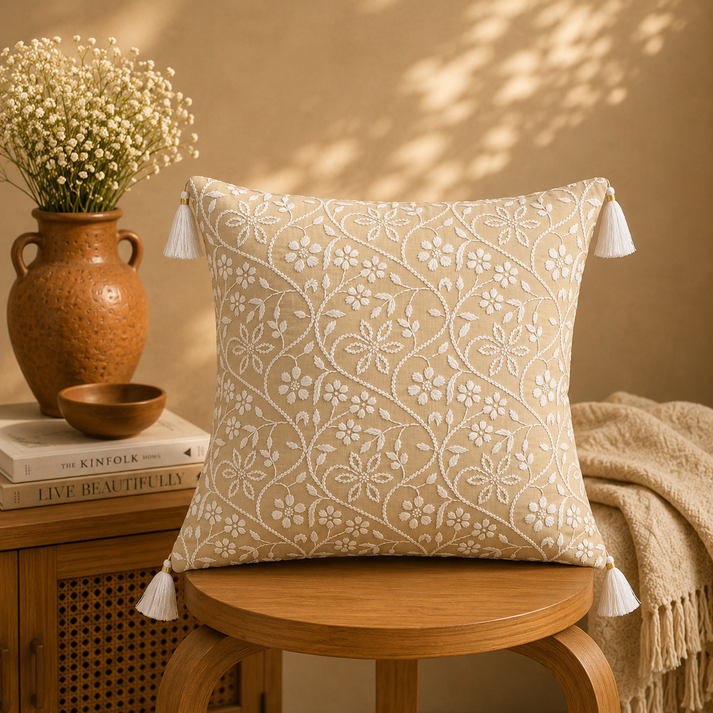 Phool Aur Patte Chikankari Cushion Cover – Hand Embroidered Cotton Cushion