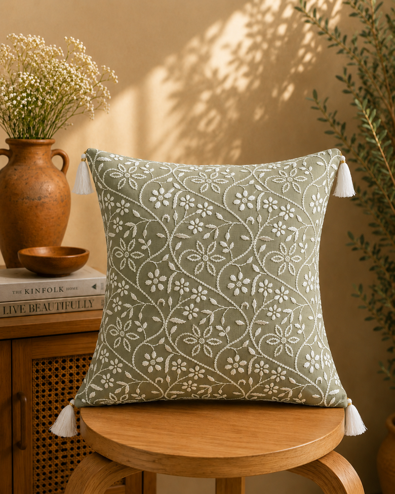 Phool Aur Patte Chikankari Cushion Cover – Hand Embroidered Cotton Cushion