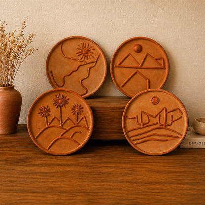 Sukhara Terracotta Wall Plate Set of 4 – Handmade Boho Wall Decor for Living Room