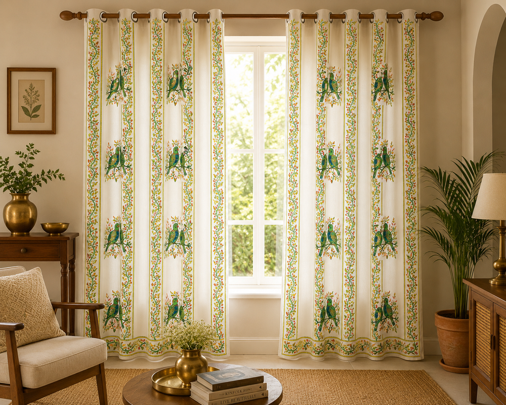 Long Drapes for Living Room – Peacock Block Print Cotton Curtains