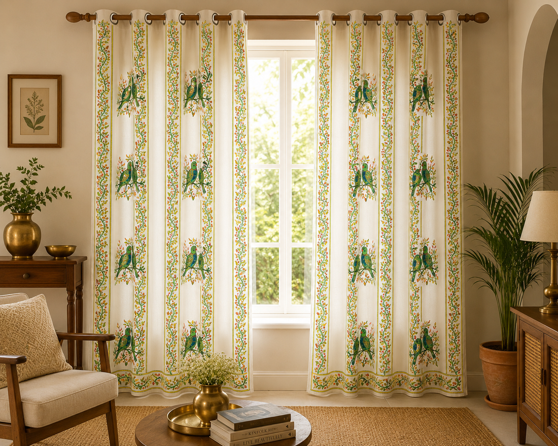Long Drapes for Living Room – Peacock Block Print Cotton Curtains