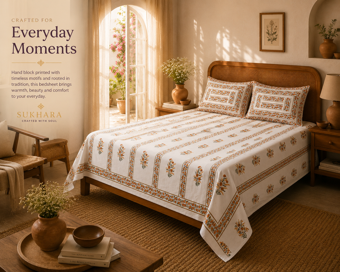 Queen Size Bedsheet – Handmade Jaipuri Block Print with Orange Floral Stripes