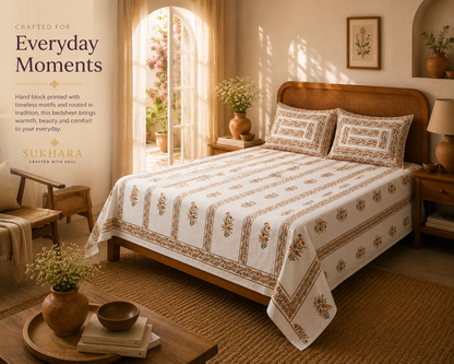 Queen Size Bedsheet – Handmade Jaipuri Block Print with Orange Floral Stripes