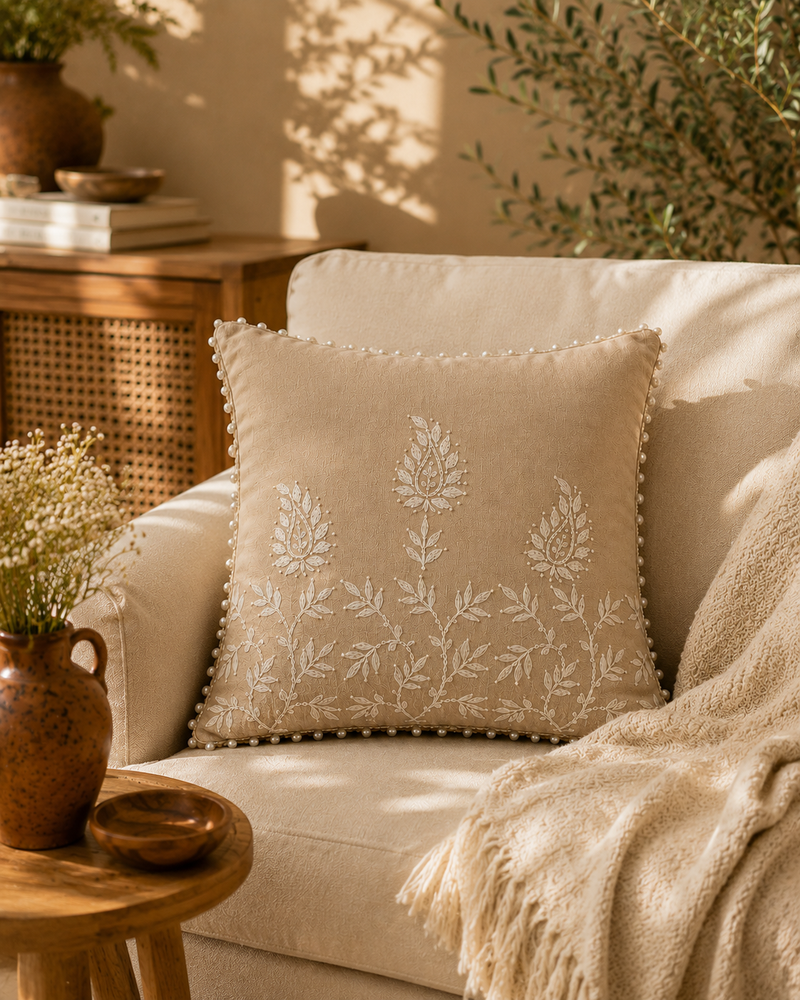 Aam Ke Bagh Chikankari Cushion Cover – Hand Embroidered Cotton Cushion