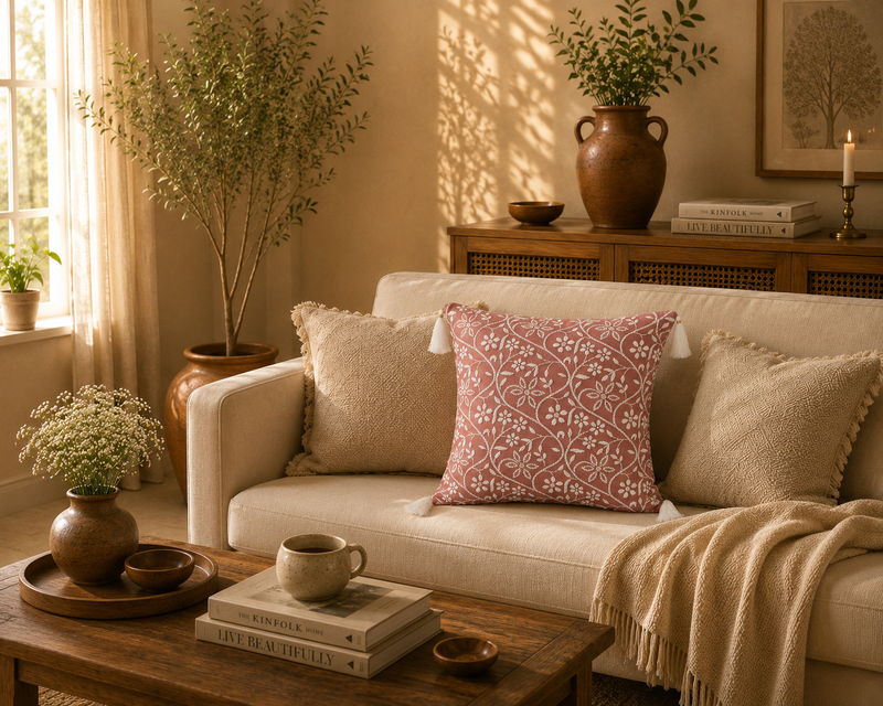 Phool Aur Patte Chikankari Cushion Cover – Hand Embroidered Cotton Cushion