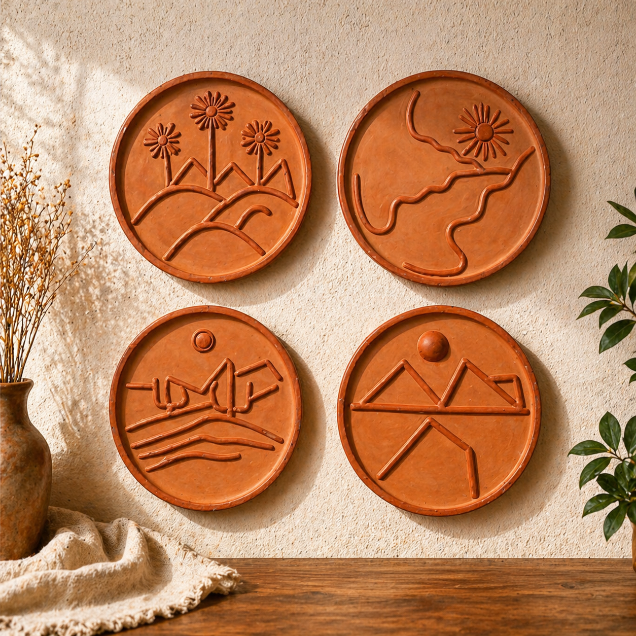 Sukhara Terracotta Wall Plate Set of 4 – Handmade Boho Wall Decor for Living Room