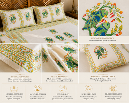 Hand Block Printed King Size Cotton Bedsheet with Parrot Motifs